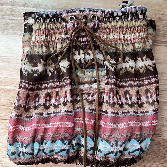 YA Los Angeles Size M Strapless Silk Southwest Print Mini Dress Leather Lace - Picture 9 of 10